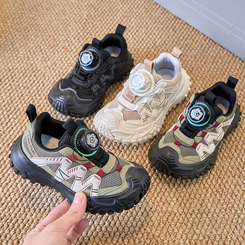 儿童旋钮扣运动鞋2025春季新款男童轮胎底防滑跑步鞋女童超轻网鞋