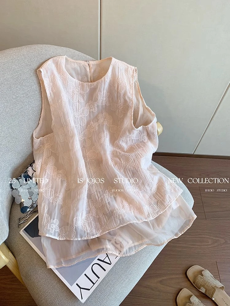 新中式花朵刺绣网纱衬衫背心女夏季外穿轻薄温柔气质国风无袖上衣