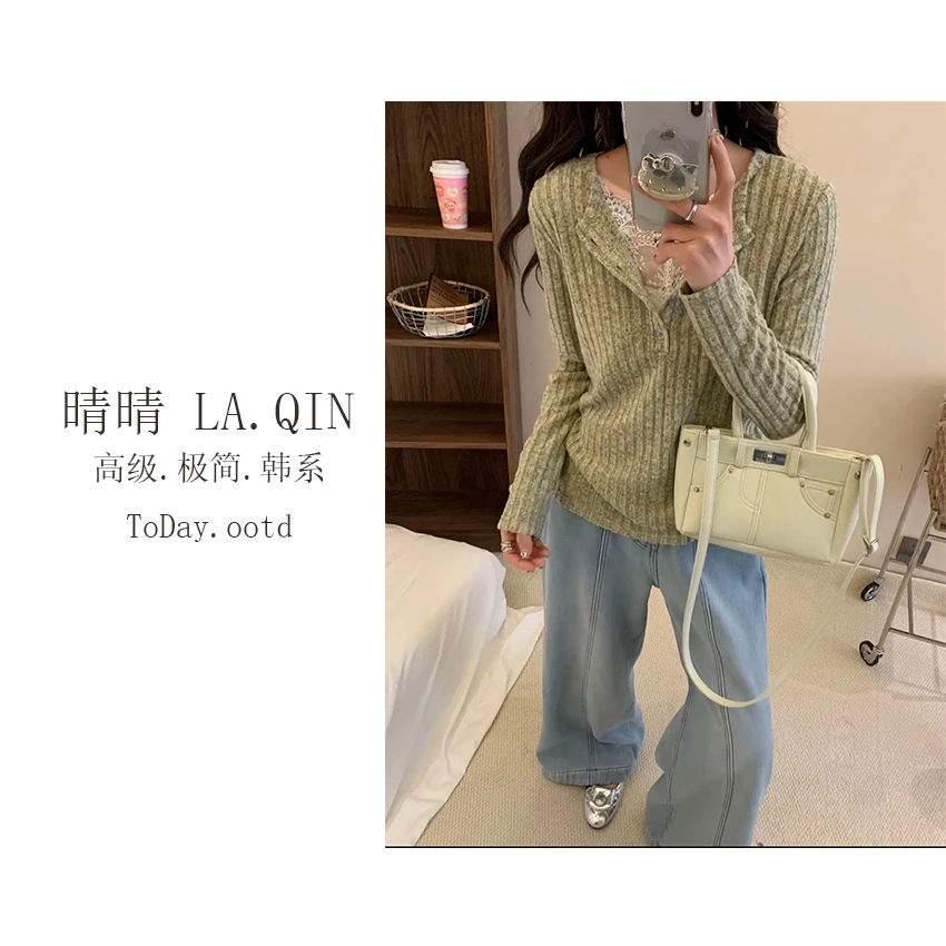 晴晴家-【月下花眠】春季韩系百搭休闲半扣蕾丝假两件打底衫1385