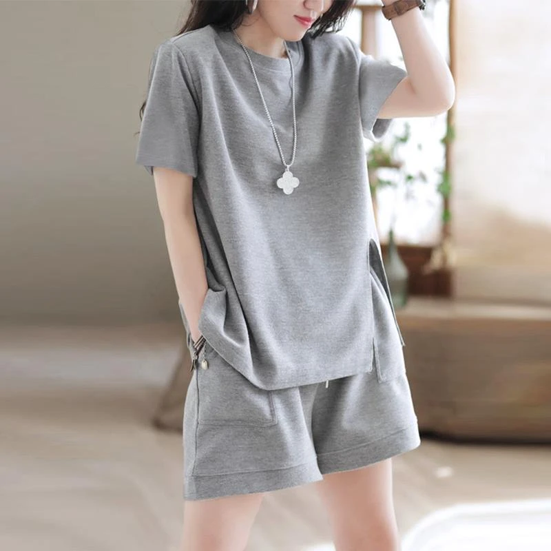 时尚休闲运动套装女春夏新款宽松大码短袖T恤短裤两件套跑步服装