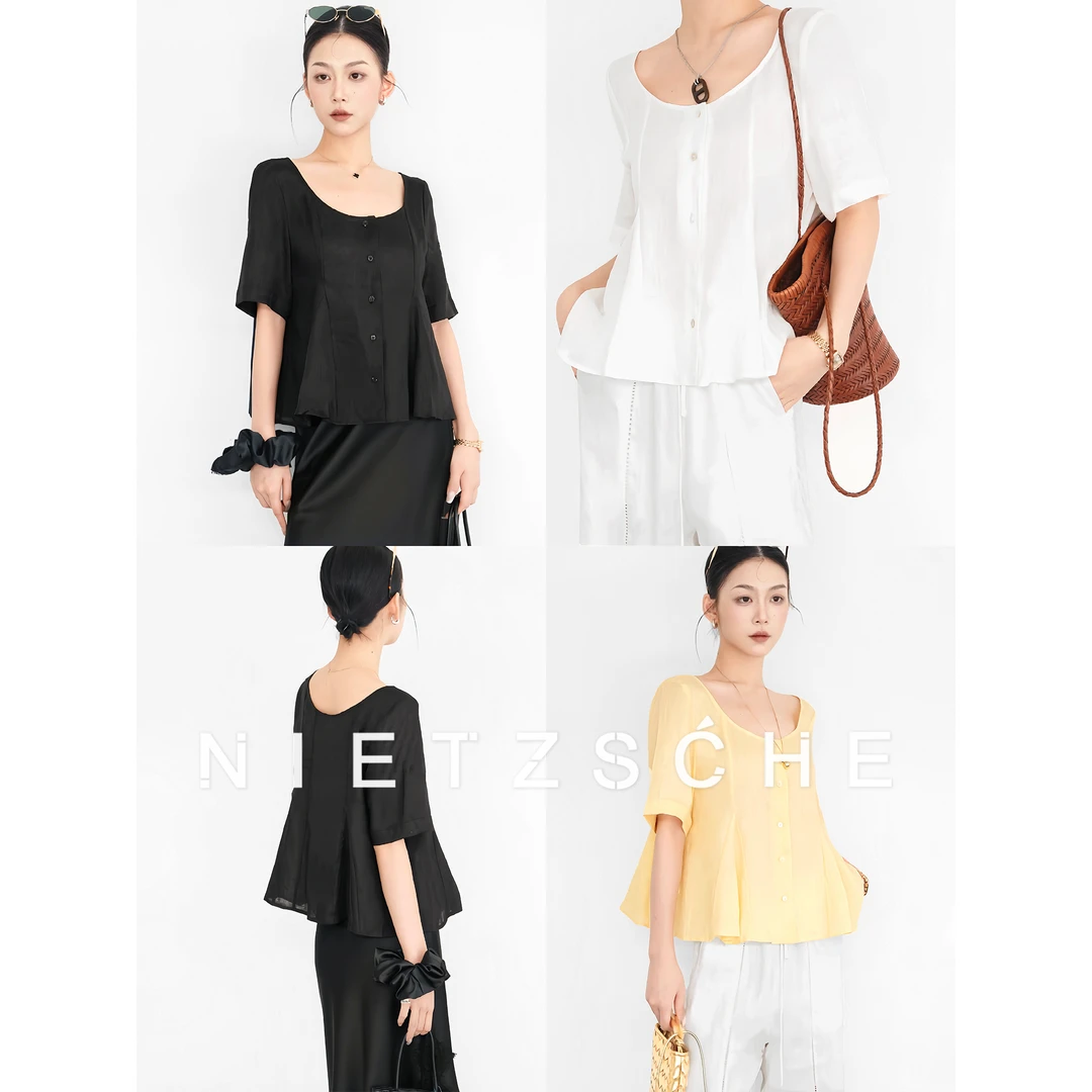 尼采官方直营｜奥黛丽｜大圆领单排扣减龄娃娃衫精致小衫上衣50119