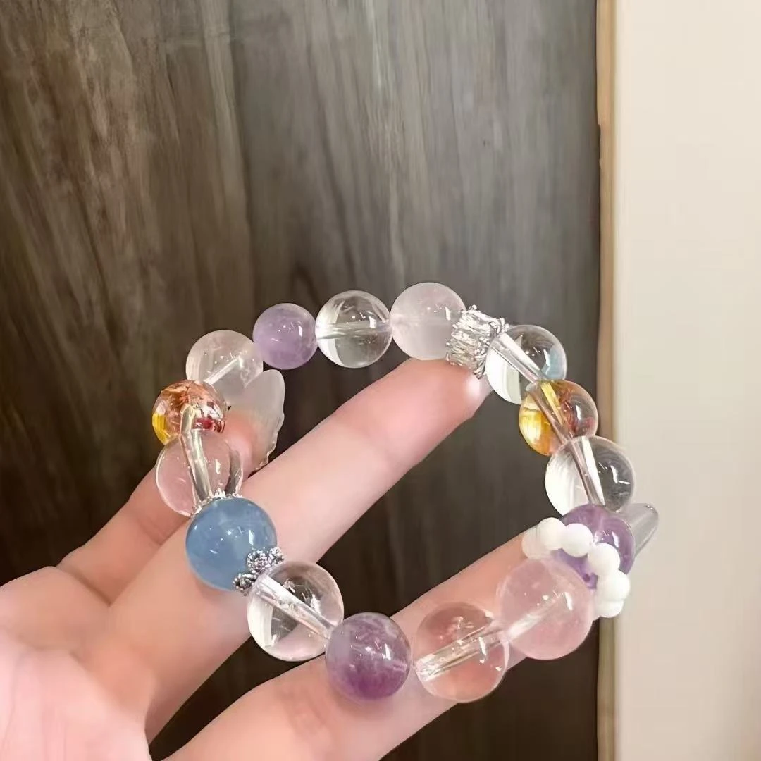 天然水晶手串多宝 紫水晶黄水晶粉水晶白水晶海蓝宝