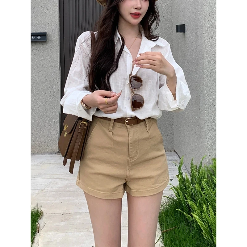 简约韩系纯色休闲牛仔短裤女2025年夏季新款高腰宽松百搭阔腿