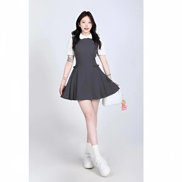 【嘉人有约】学院风连衣裙女装夏季2025爆款假两件学院风拼接连衣裙