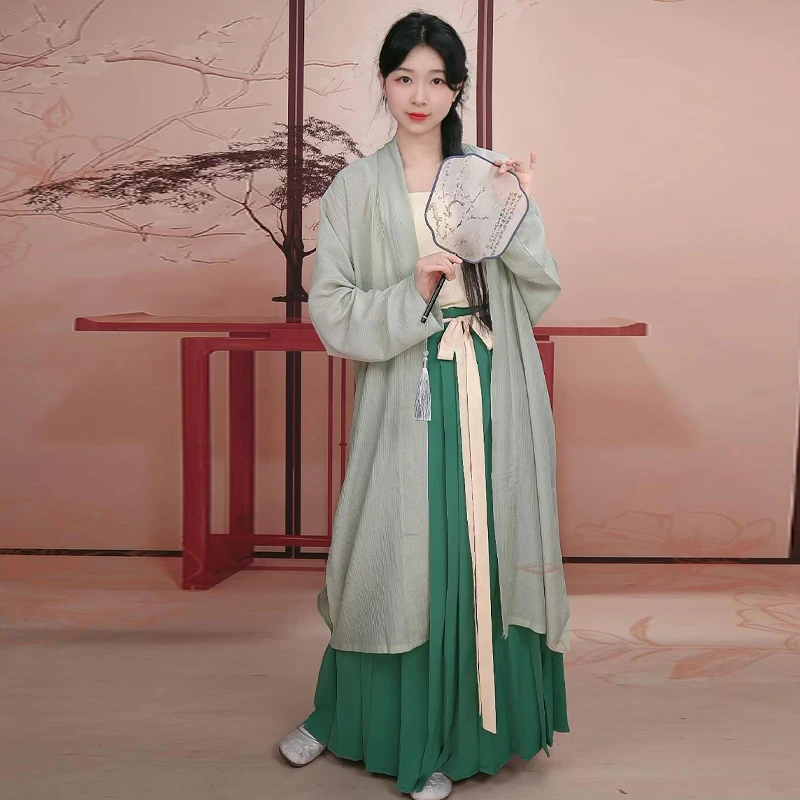 【臻】【素云】汉服新品宋三件套长衫夏季绿色系大码白蝶裙褶裙日常女