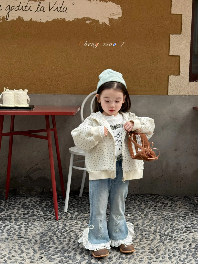 橙小七 2025秋季新款女童小童韩版甜美碎花连帽外套T恤花边牛仔裤