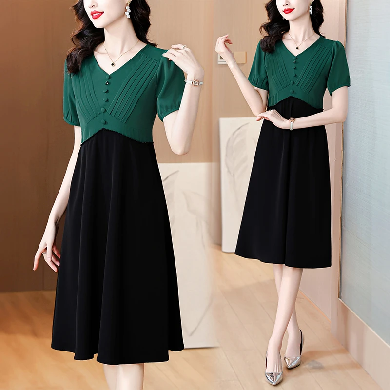 957#女装连衣裙夏新款时尚简约气质洋气收腰显瘦假俩件裙子