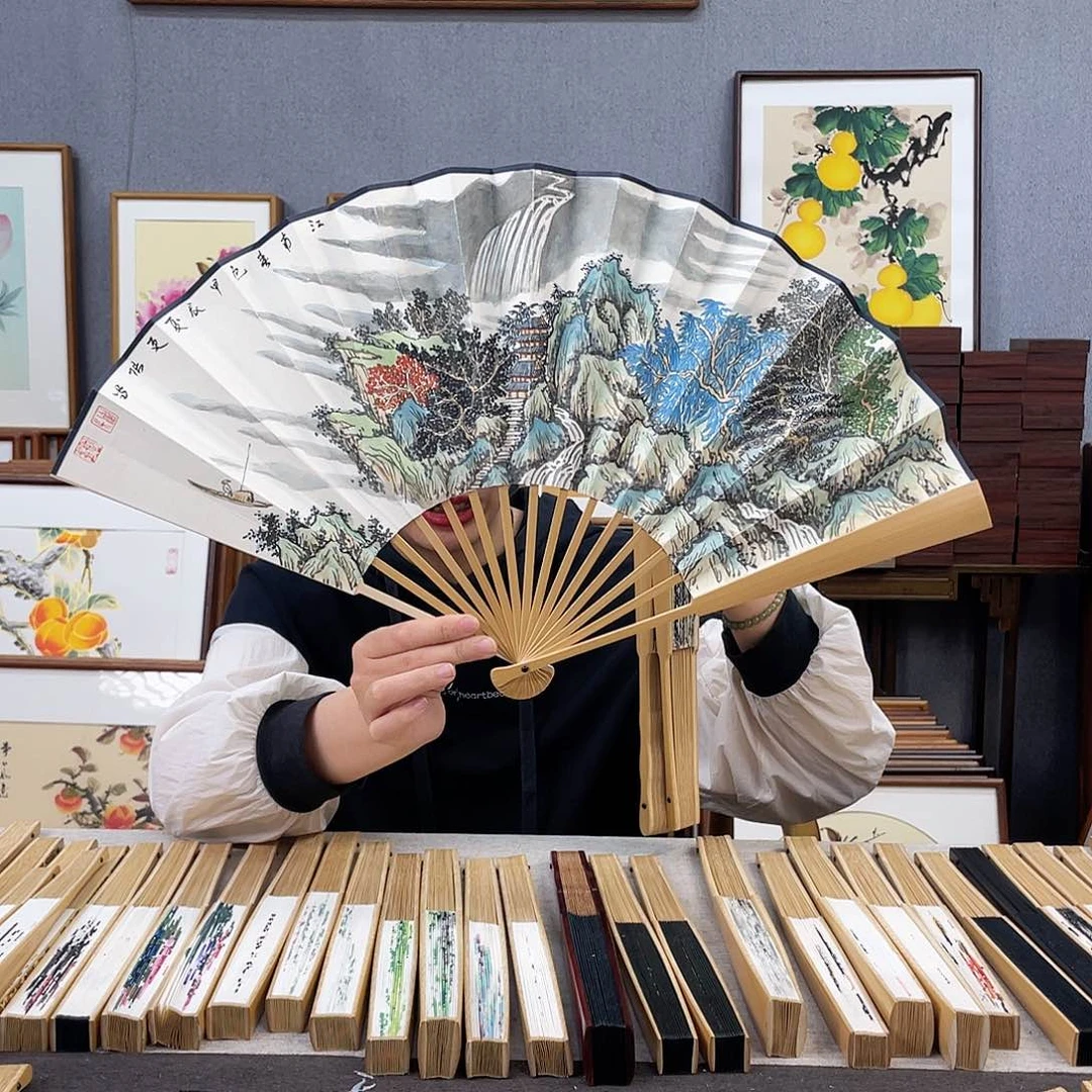 国画10寸玉竹-纯手绘-文玩扇骨（默认粘好）