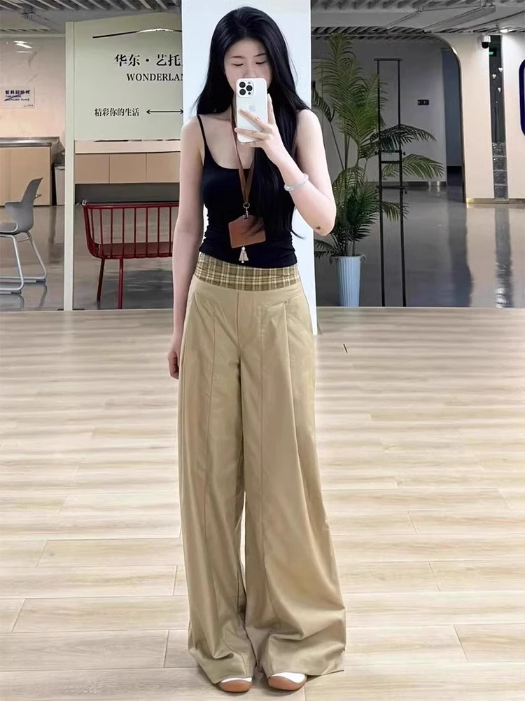 夏新款美式复古腰头拼接格纹休闲长裤女慵懒风设计感宽松阔腿裤子
