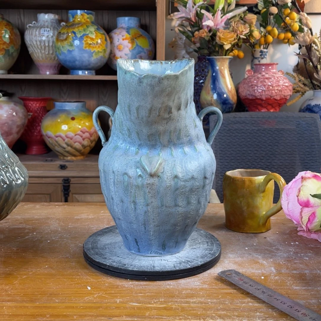 摆件陶瓷花瓶高27口径9-15盘泥微瑕