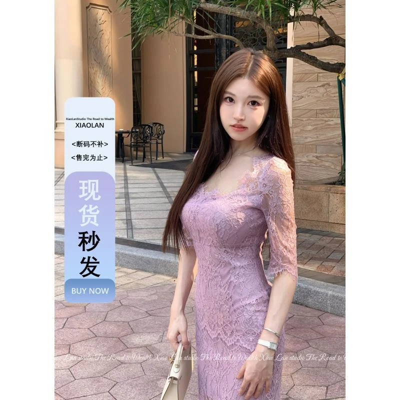 小岚同学「荒春黛」蕾丝显瘦气质夏季性感修身法式小众设计感连衣裙
