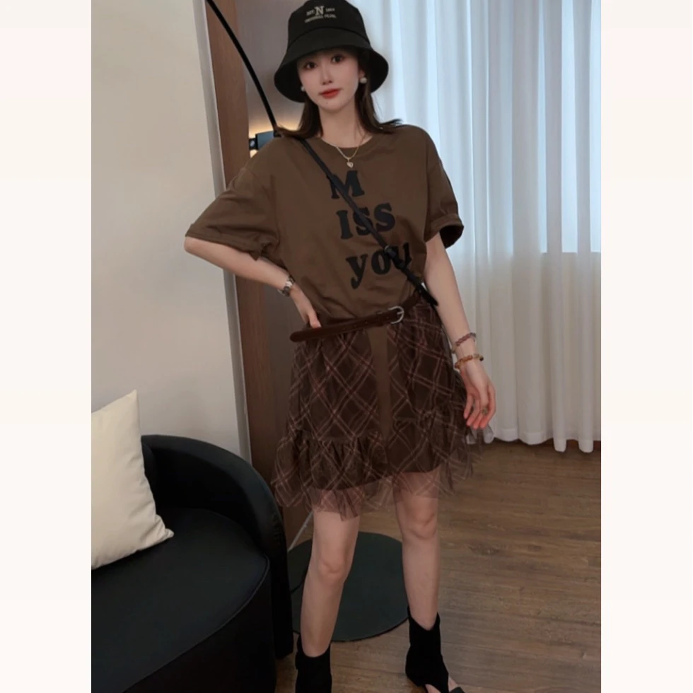【高品质】欧货圆领字母印花腰带网纱收腰显瘦短袖T恤裙