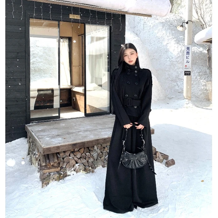 双排扣复古立领长袖开衫外套女秋季时尚套装垂感休闲阔腿裤两件套