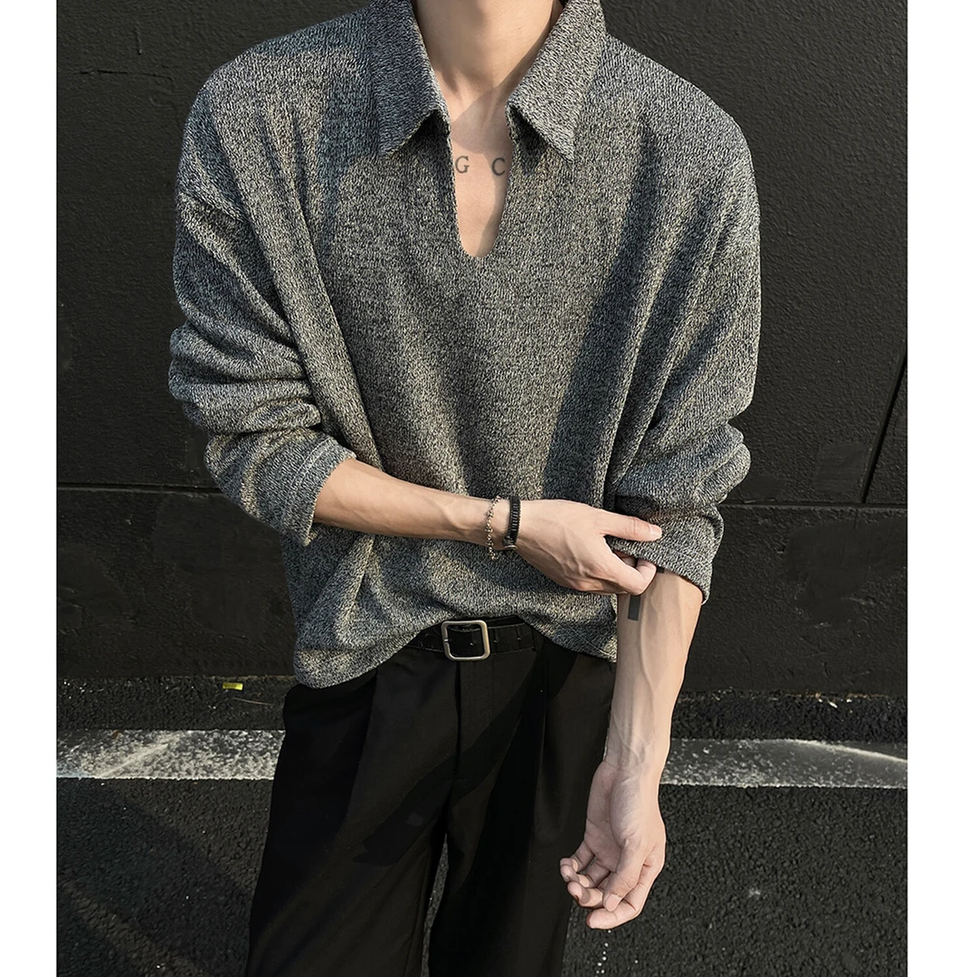老钱风polo卫衣男款春秋麦穗v领打底衫cleanfit针织翻领长袖内搭