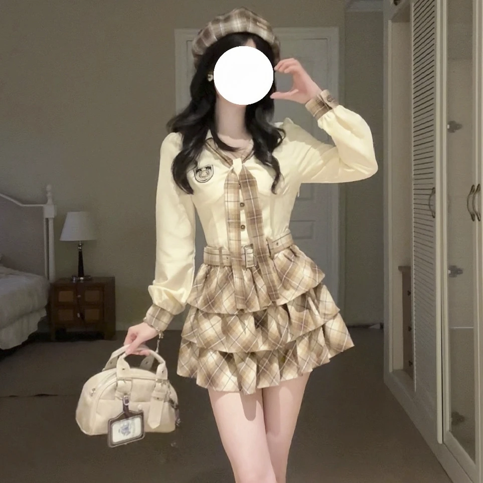 栗子团少女铃兰学姐【秋季新品】学院风温柔假两件格纹拼接连衣裙