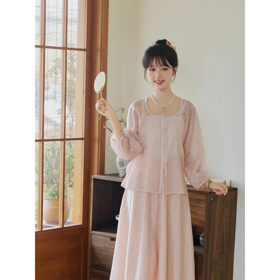 秋木木汉服【粉竹絮语】鸡心领外衫红梅粉破裙夏季日常改良套装