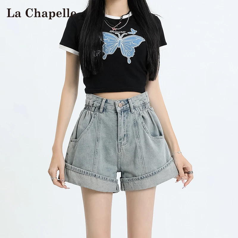 拉夏贝尔美式卷边牛仔短裤女2025夏新款高腰a字显瘦辣妹阔腿热裤