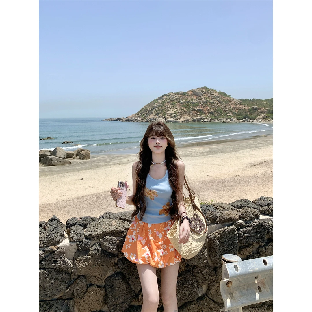 小众甜美风印花度假套装女U领工字吊带背心高腰蓬蓬半身裙两件套