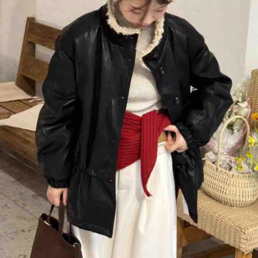 3526 口袋长袖立领加绒加厚冬季皮衣上衣百搭韩版时尚保暖