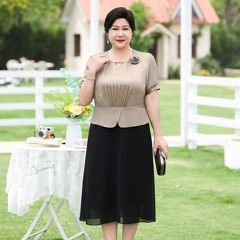 假两件洋气显瘦高腰连衣裙子大码女装妈妈夏季新款高贵气质中长裙