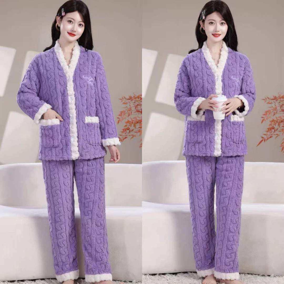 情侣款冬季加绒加厚睡衣女保暖珊瑚绒加绒家居服套装男