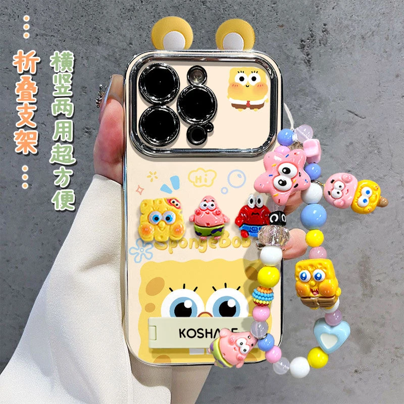 可爱立体海绵宝宝适用iPhone16苹果15带挂链手机壳14promax立体13