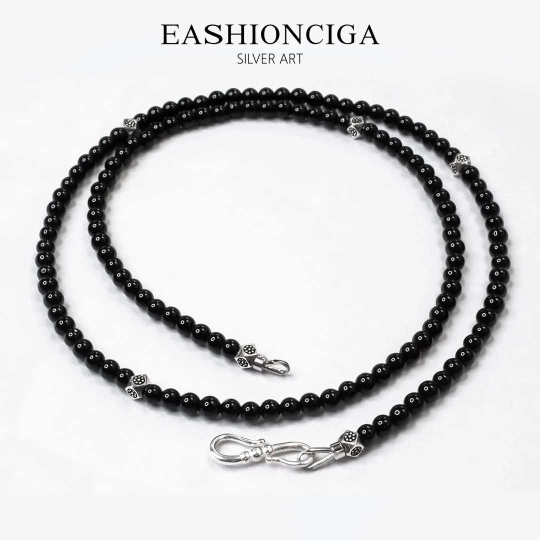 链子925银 刘德华同款纯银黑瑙珠项链男女百搭时尚手工明星EXL462