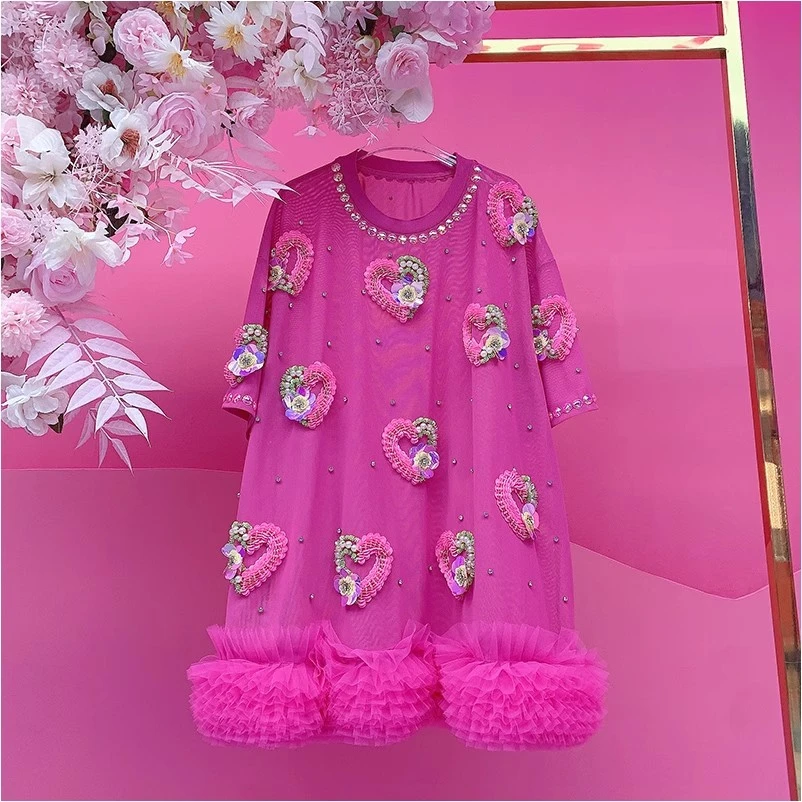 A2458欧美设计师2025夏季新款重工钉钻刺绣爱心立体花拼纱连衣裙