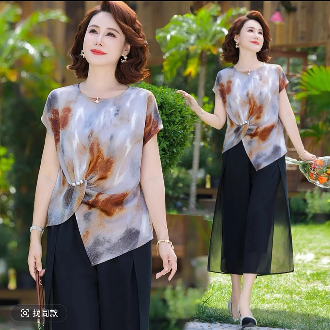 妈妈气质夏季套装2025新款时尚中老年女士夏装显瘦上衣裤子两件套