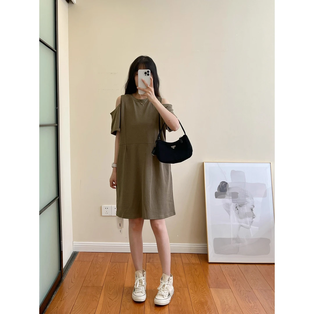 双露肩中长款连衣裙女2025年夏季新款套头纯色口袋短袖圆领T恤裙