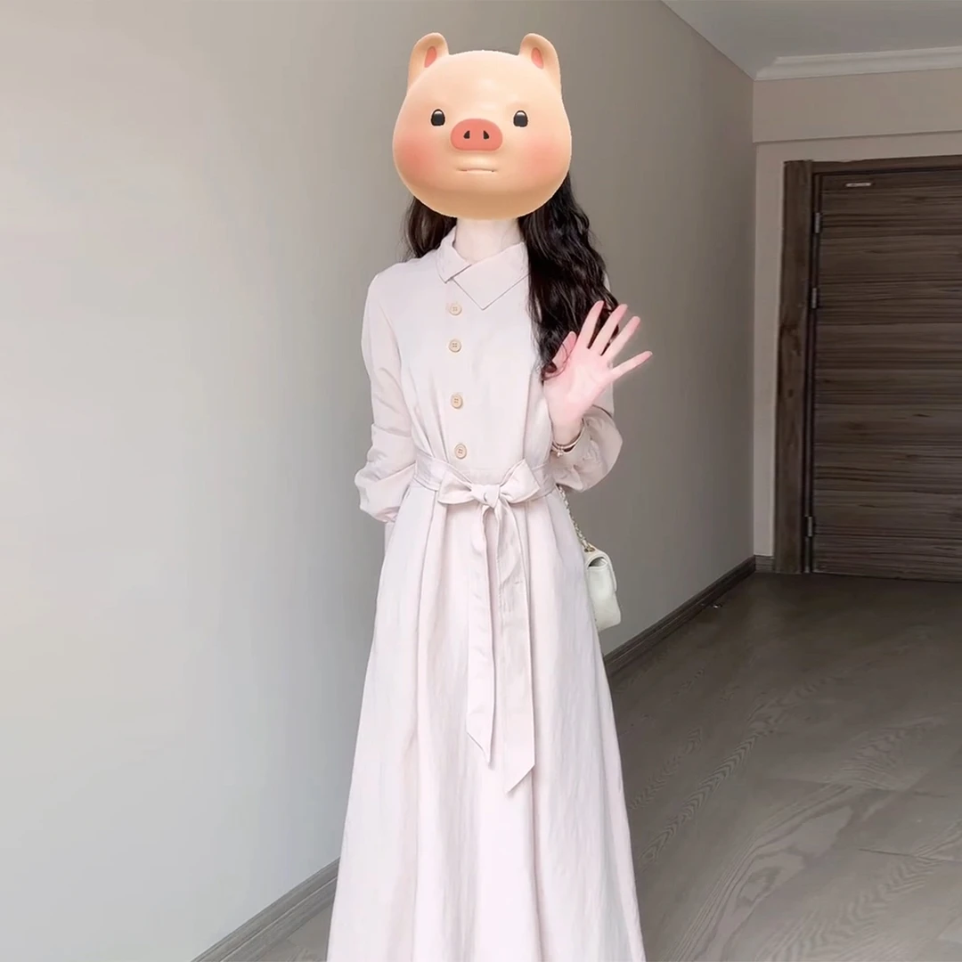 2025新款法式甜美风粉色系带长袖连衣裙女秋季法式垂褶修小黑裙子