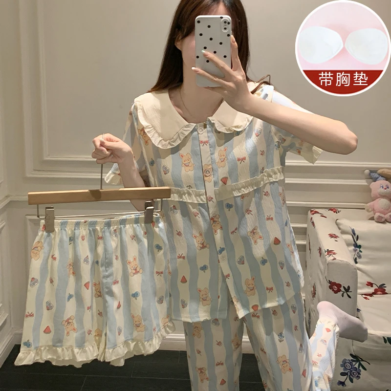 夏季带胸垫三件套短袖睡衣可爱卡通兔子娃娃领甜美女款居家服套装