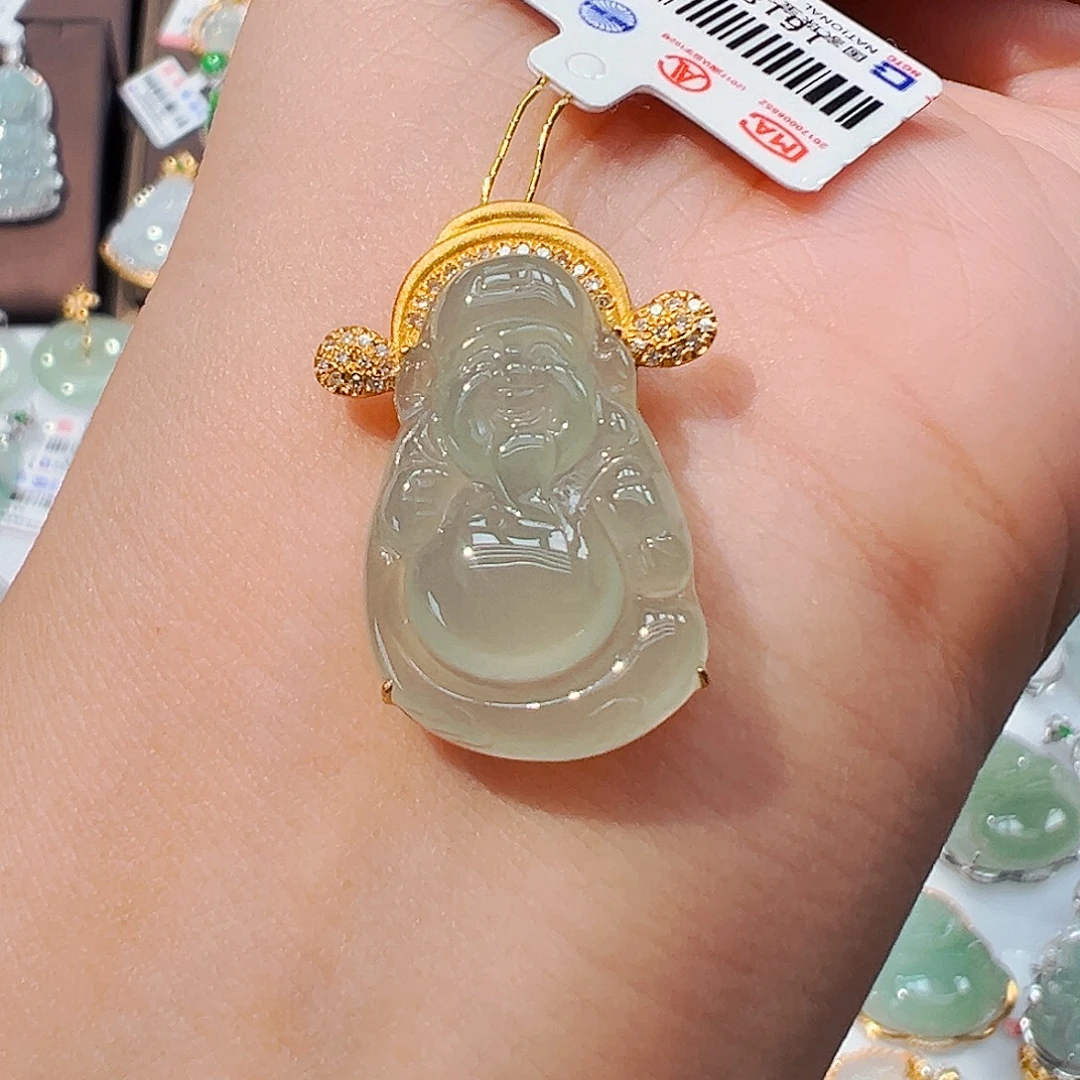 翡翠18K金镶嵌吊坠(不含链)财神爷