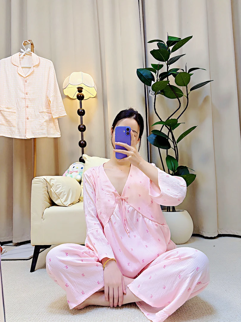 秋季女士长袖长裤睡衣可外出小众家居服套装7333