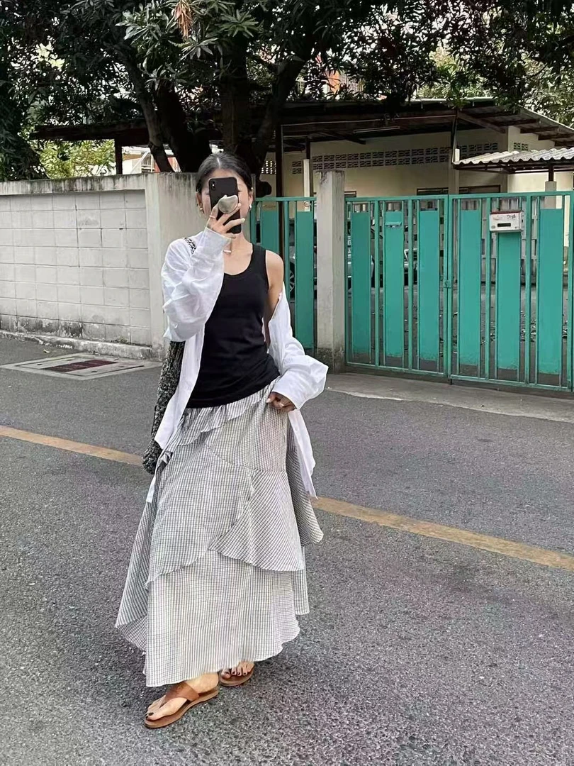 韩版复古中长款度假风不规则花瓣松紧腰格子半身裙女百搭半截裙潮