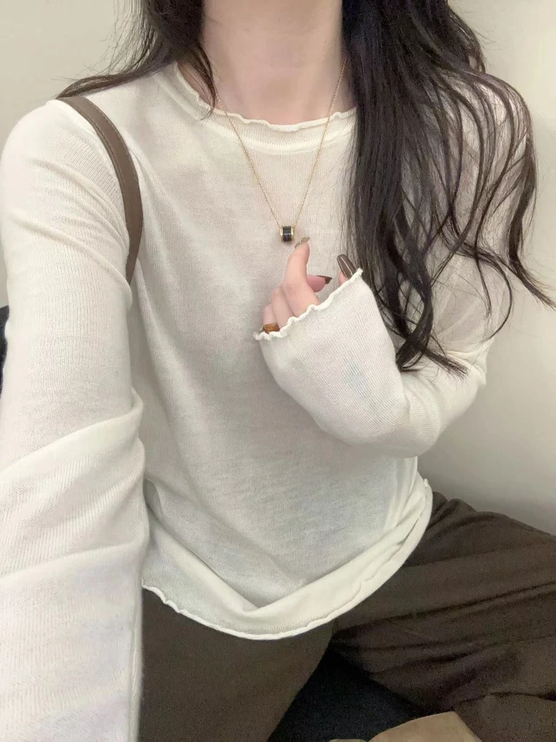 / 320/白色套头长袖T恤女春秋正肩卷边纯色内搭打底修身显瘦上衣