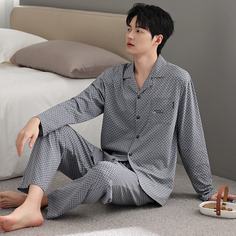 高档爽棉莱卡棉男士睡衣春秋季薄款纯棉长袖翻领睡衣男家居服套装