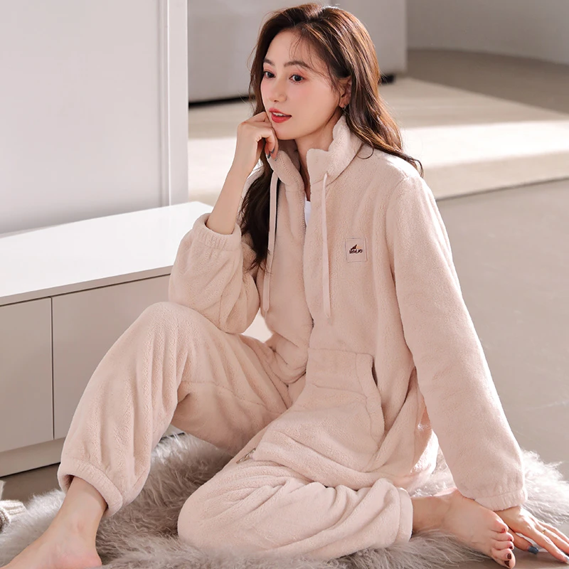 浪莎秋冬季珊瑚绒睡衣女加绒加厚套装法兰绒大码保暖可外穿家居服