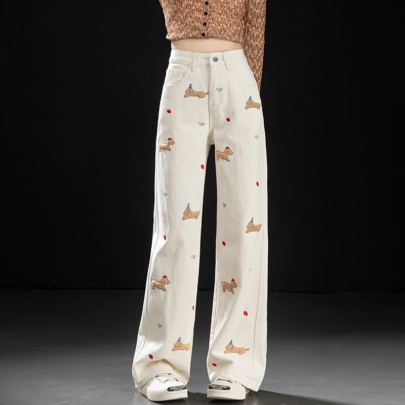 刺绣直筒牛仔裤女时尚秋款2025新款显瘦休闲长裤子高腰宽松阔腿裤