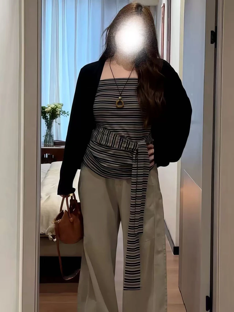 清妍纯欲辣妹长袖开衫早秋新款条纹吊带背心上衣两件套女90163