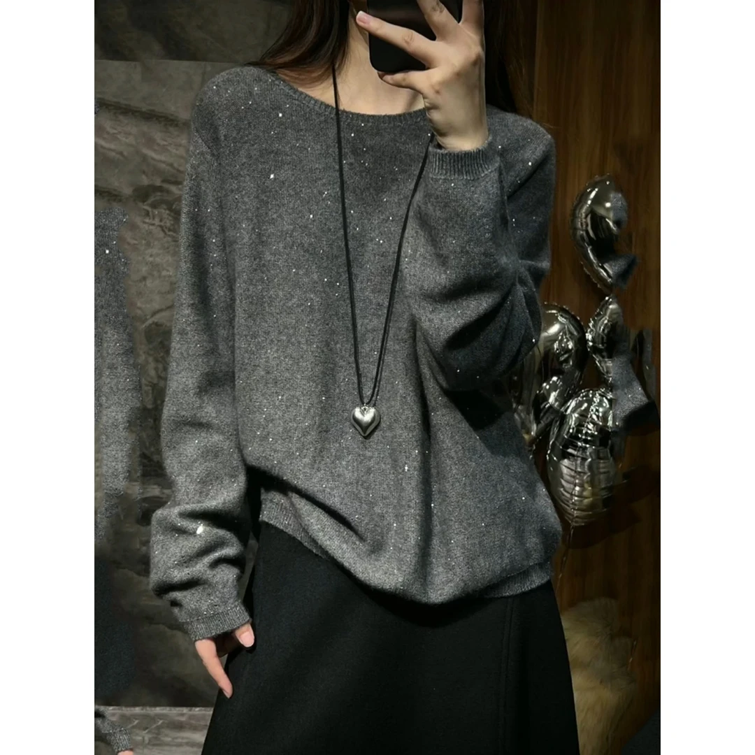 灰色圆领长袖针织衫女2025秋冬新款韩系宽松百搭细闪独特大码毛衣