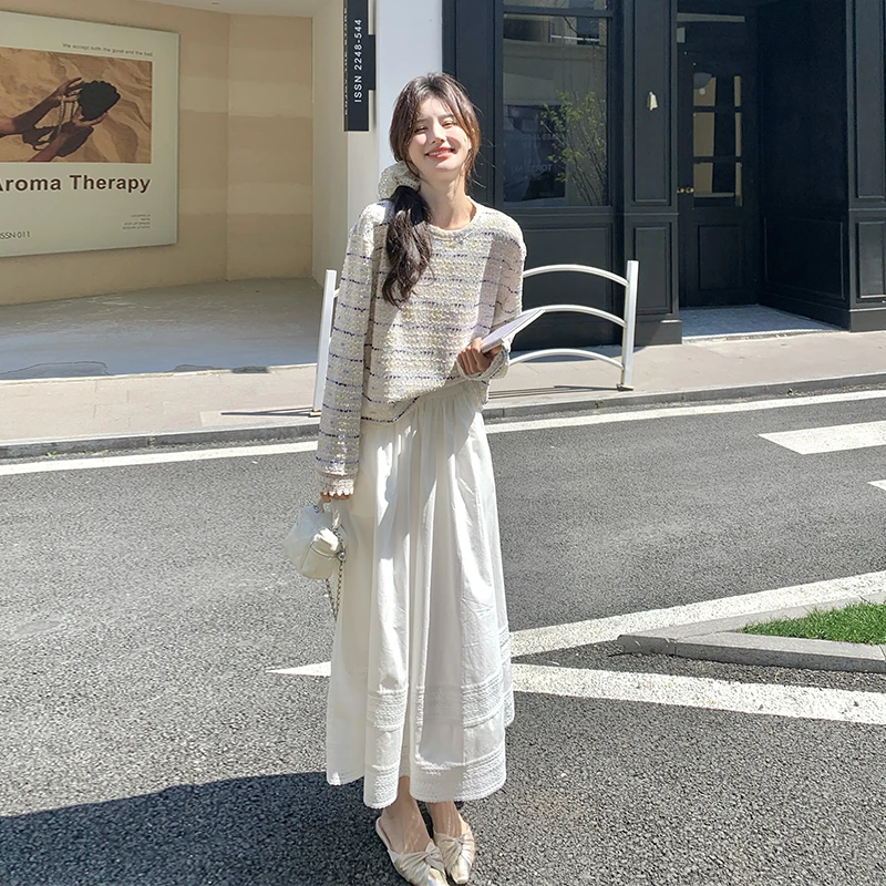 气质慵懒风彩色条纹镂空针织衫半身裙女2025春季新款高腰A字伞裙