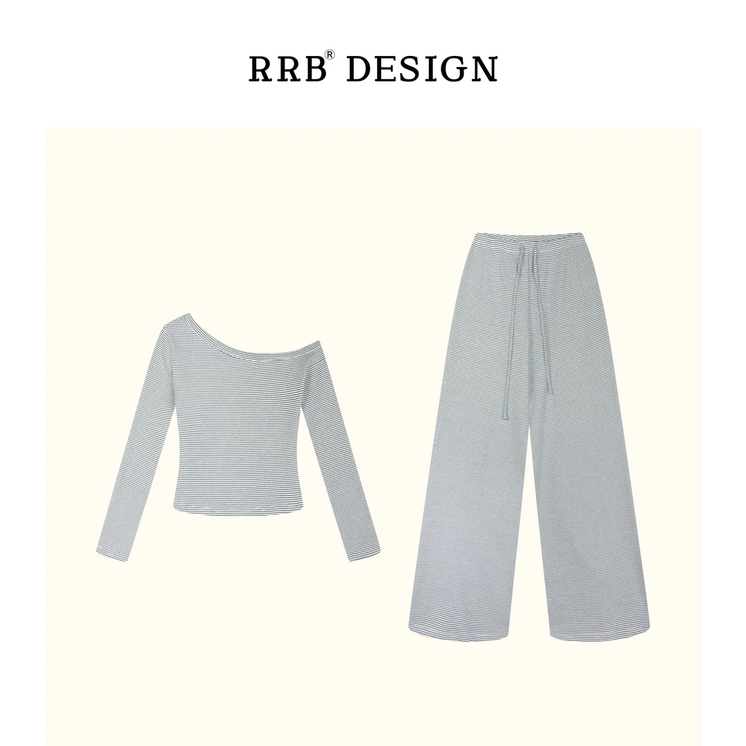 RRB Design「时髦出圈」斜肩长袖条纹上衣+系带直筒裤条纹纯色套装