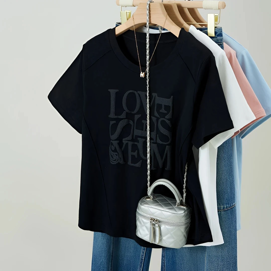 字母拼接百搭宽松型圆领T恤女士纯色短袖夏季1107