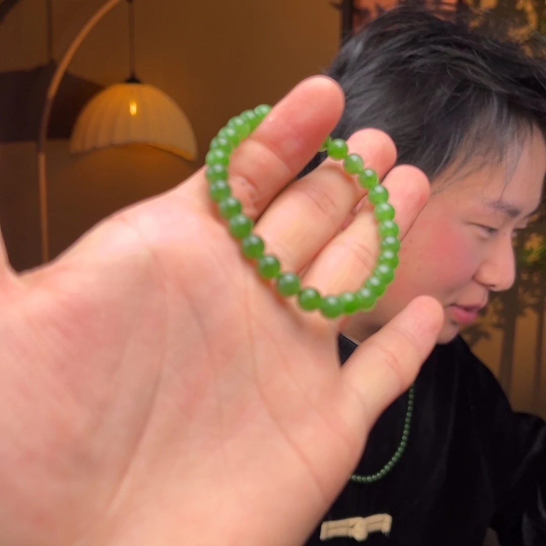 和田玉手串未镶嵌碧玉辣菠菜单圈带矿点