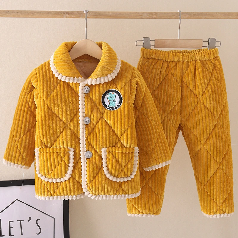 2025冬季儿童三层夹棉加厚睡衣法兰绒男孩女孩小中童宝家居服套装