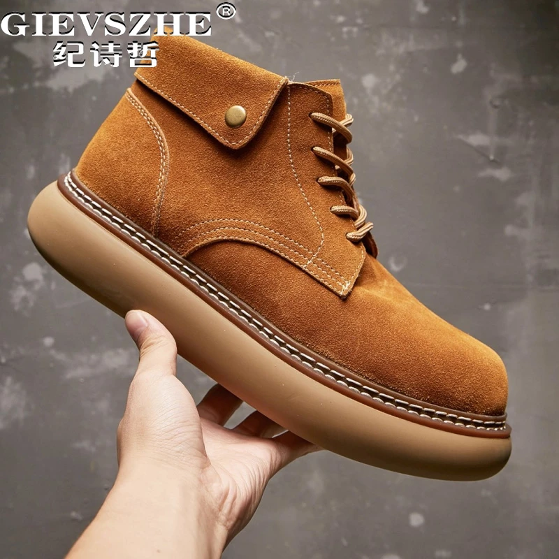 纪诗哲男鞋百搭复古透气短靴男款厚底时尚休闲鞋子潮流加绒马丁靴
