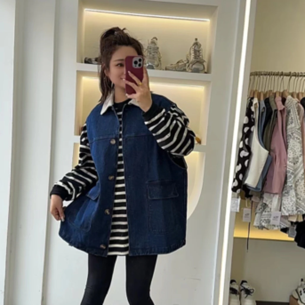 复古牛仔翻领马甲单排扣百搭外套53089