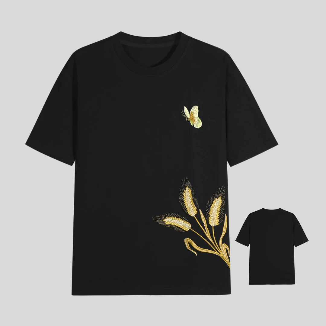 【花】2025年国风短袖蝴蝶麦子刺绣T恤 y340