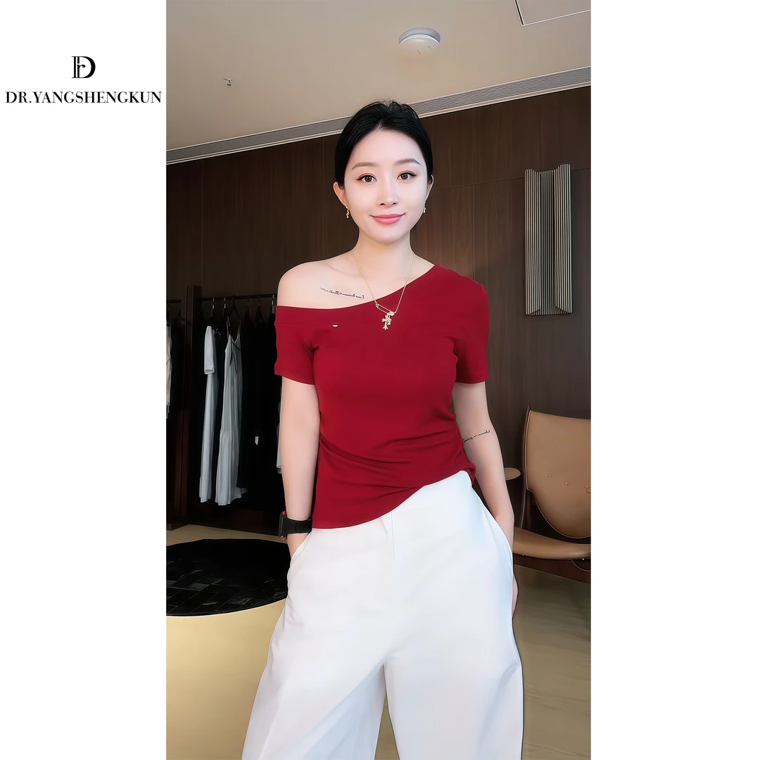 杨圣坤2025夏季新品女士时尚斜肩露肩显瘦气质短袖T恤L2552808